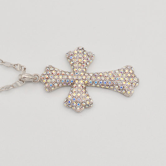 Aurora Borealis Crystal Pave' Cross-Rhodium Plated