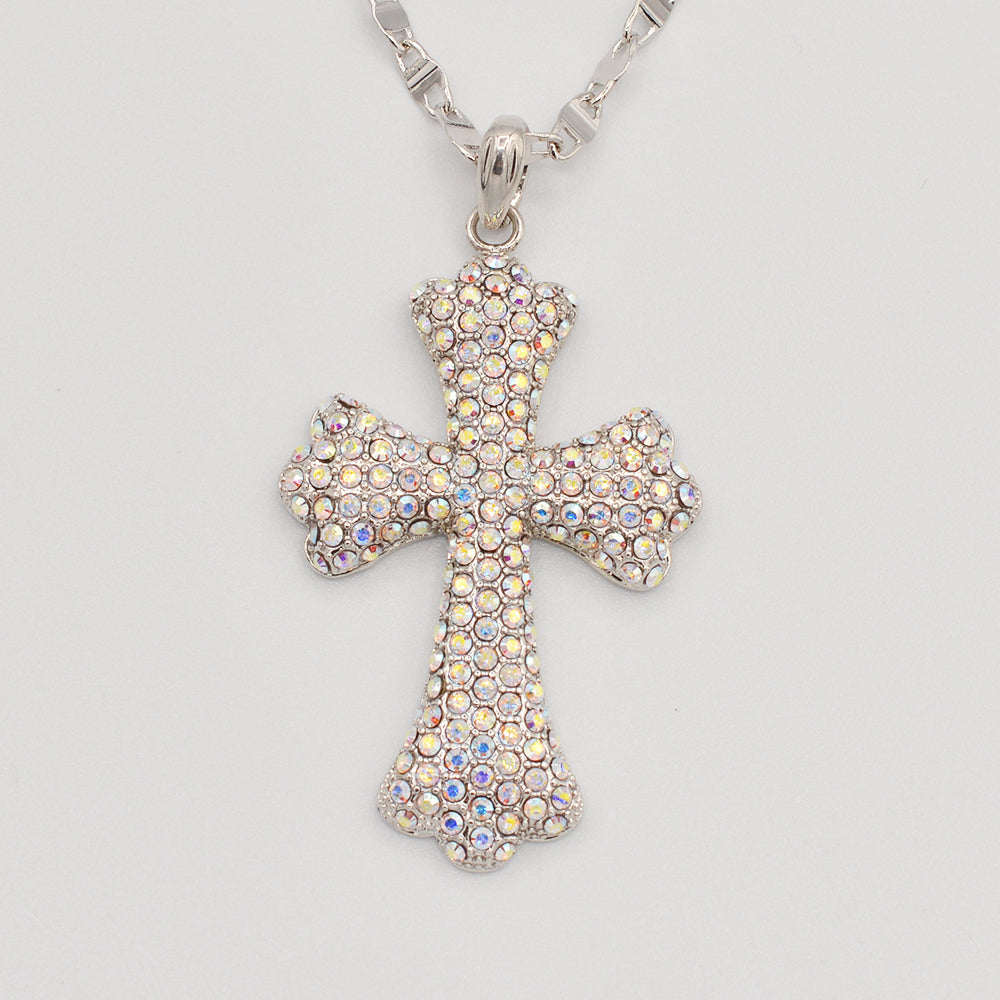 Aurora Borealis Crystal Pave' Cross-Rhodium Plated