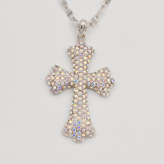 Aurora Borealis Crystal Pave' Cross-Rhodium Plated