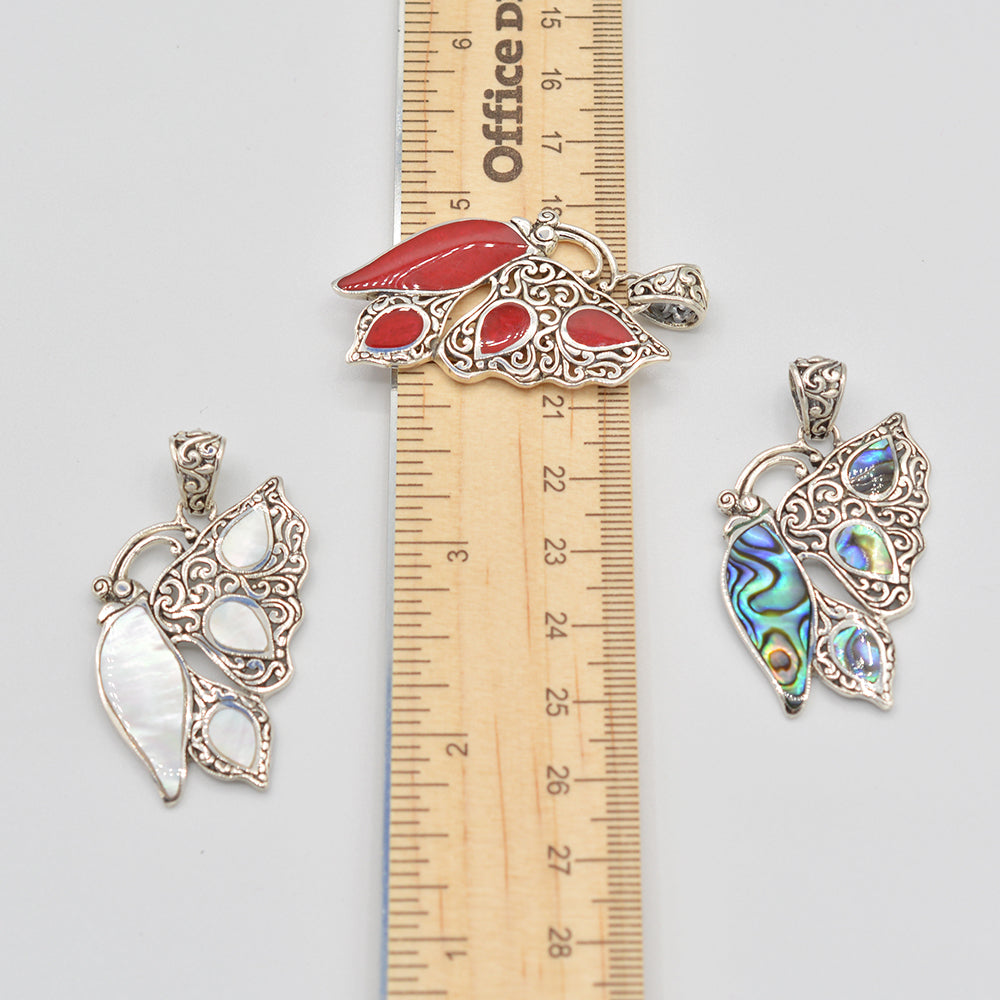 Sterling Silver Abalone or Mother of Pearl or Red Coral Butterfly Pendant