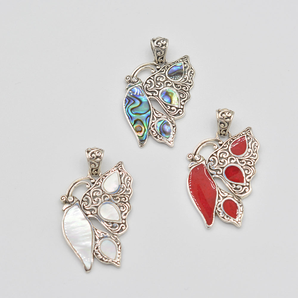 Sterling Silver Abalone or Mother of Pearl or Red Coral Butterfly Pendant