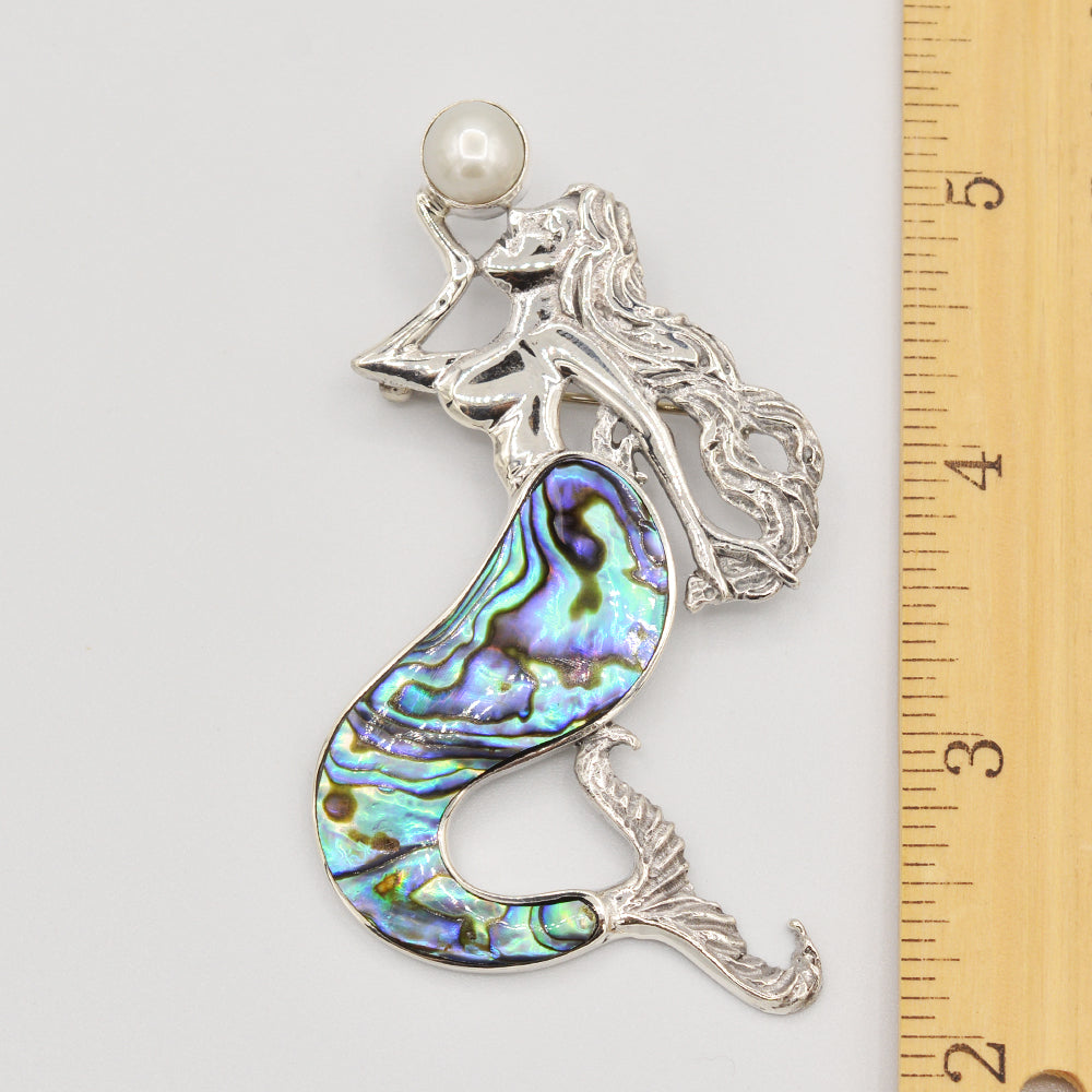 Mermaid Pendant/Brooch-Sterling Silver with Abalone, Mother of Pearl or Red Coral