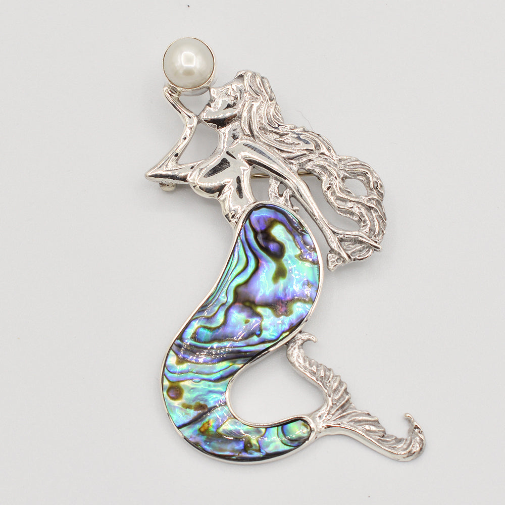 Mermaid Pendant/Brooch-Sterling Silver with Abalone, Mother of Pearl or Red Coral