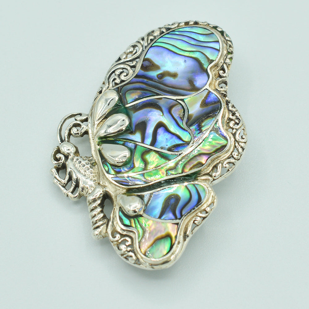 Large Butterfly Sterling Silver Pendant which can also be worn as a Brooch or a Pin - Available in Inlaid Mother-of-Pearl or Inlaid Abalone