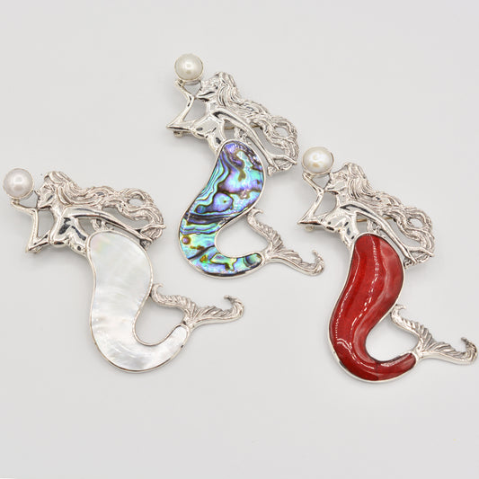 Mermaid Pendant/Brooch-Sterling Silver with Abalone, Mother of Pearl or Red Coral