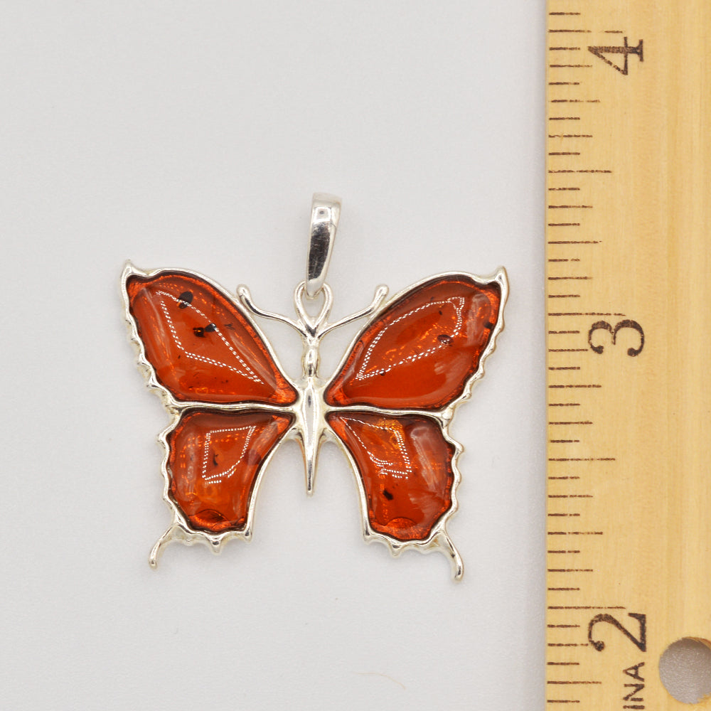 Sterling Silver Cognac Amber Butterfly Pendant