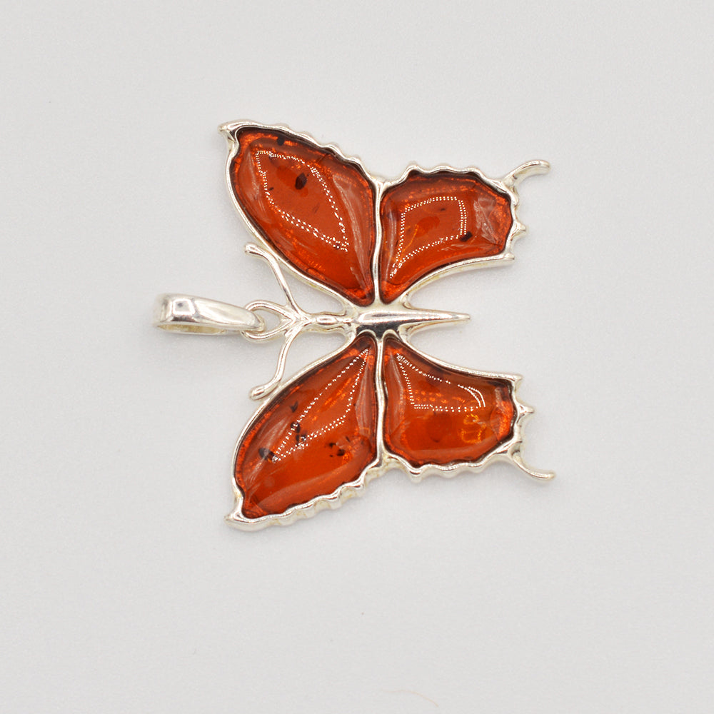 Sterling Silver Cognac Amber Butterfly Pendant
