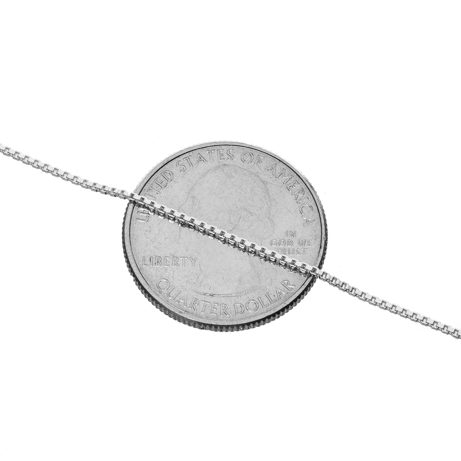 1MM Sterling Silver Box Chain with Lobster Claw Clasp. Displayed over a quarter to show you the size of the width of the chain. 16"-36"