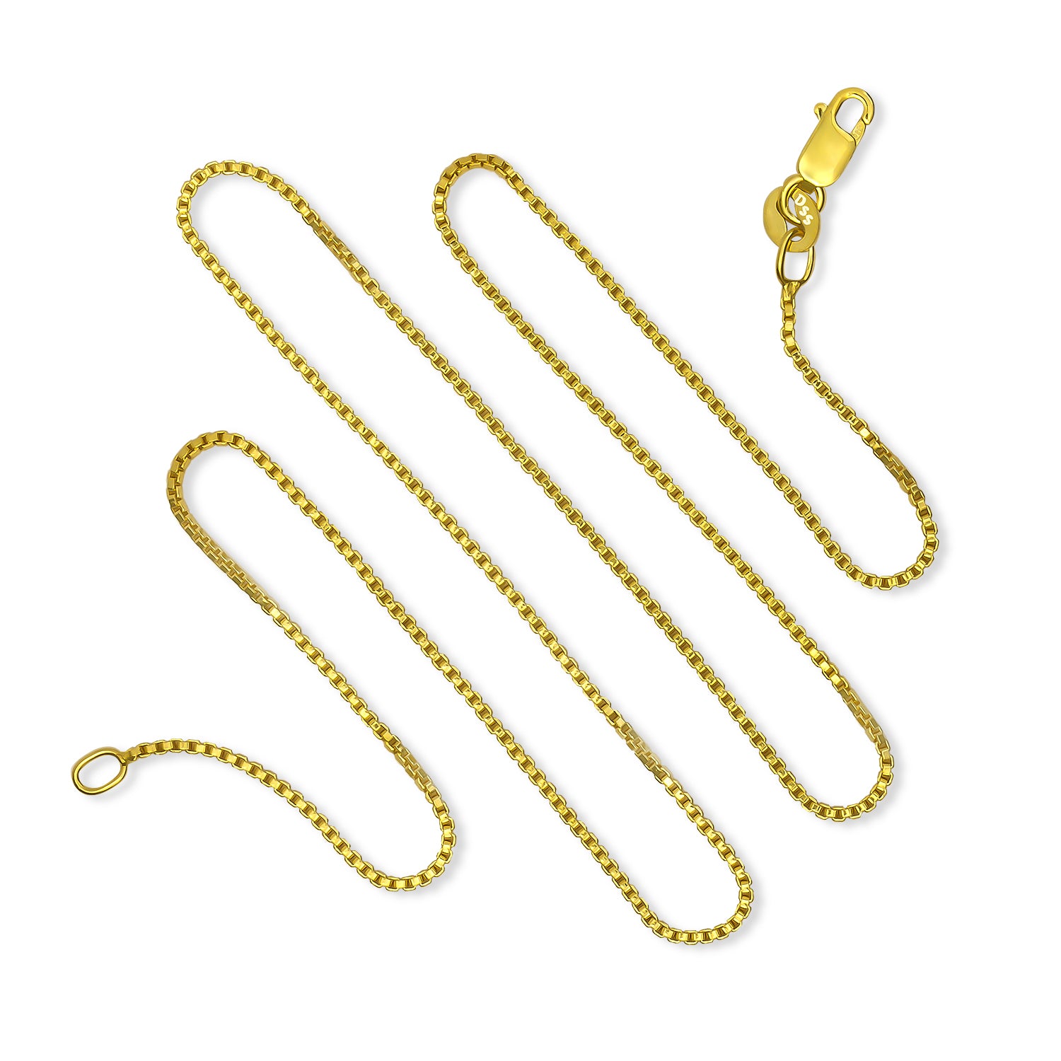 925 Sterling Silver14KT Gold Plated Box Chain Lobster Claw Clasp 16-30". 16", 18", 20", 22", 24", 30". Looks like 14KT. Gold plated silver. Guaranteed. 16", 18", 20", 22", 24", 30""