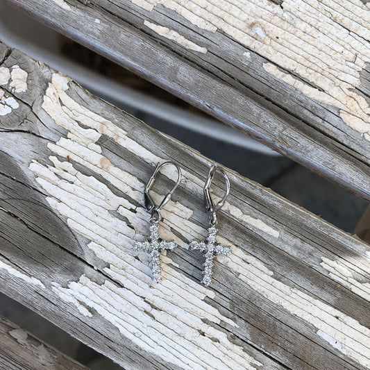 Rhodium Plated Sterling Silver CZ Cross Earrings