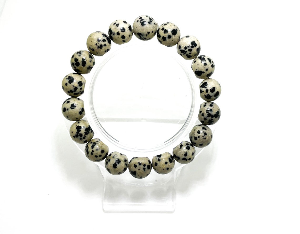 Dalmatian Jasper Smooth Round Gemstone Stretch Elastic Cord Bracelet