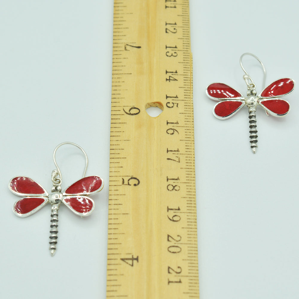 Red Coral Sterling Silver Dragonfly Earrings