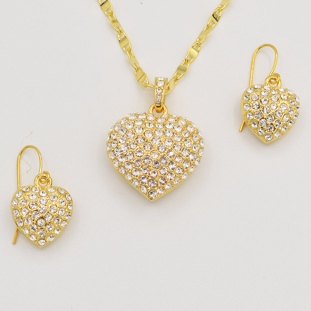Clear Crystal Pave' Puffed Heart Pendant -  Gold Plated