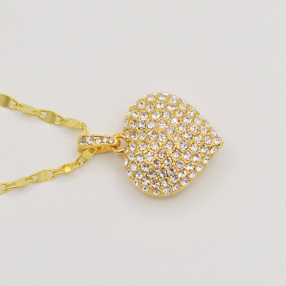Clear Crystal Pave' Puffed Heart Pendant -  Gold Plated