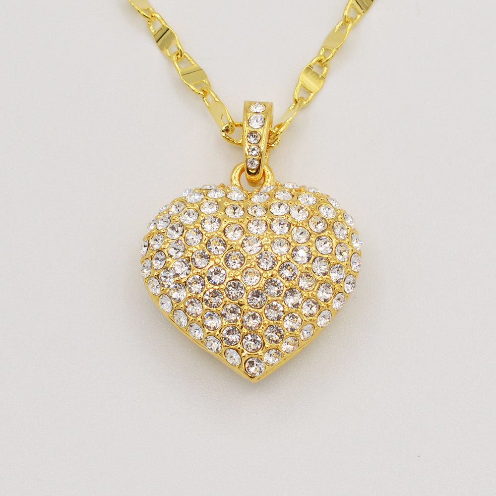 Clear Crystal Pave' Puffed Heart Pendant -  Gold Plated