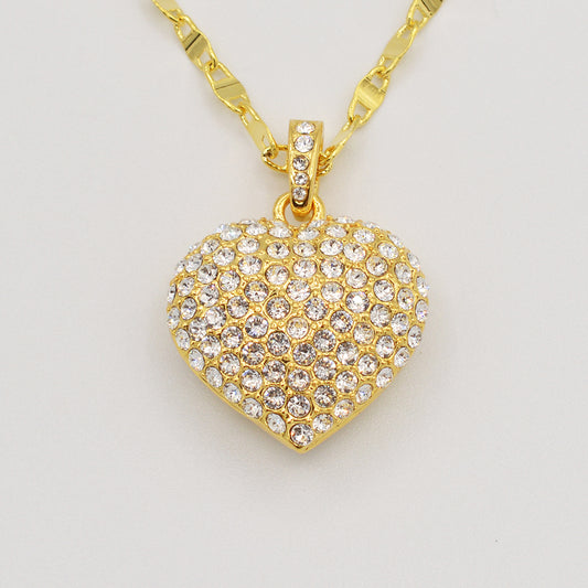 Clear Crystal Pave' Puffed Heart Pendant -  Gold Plated