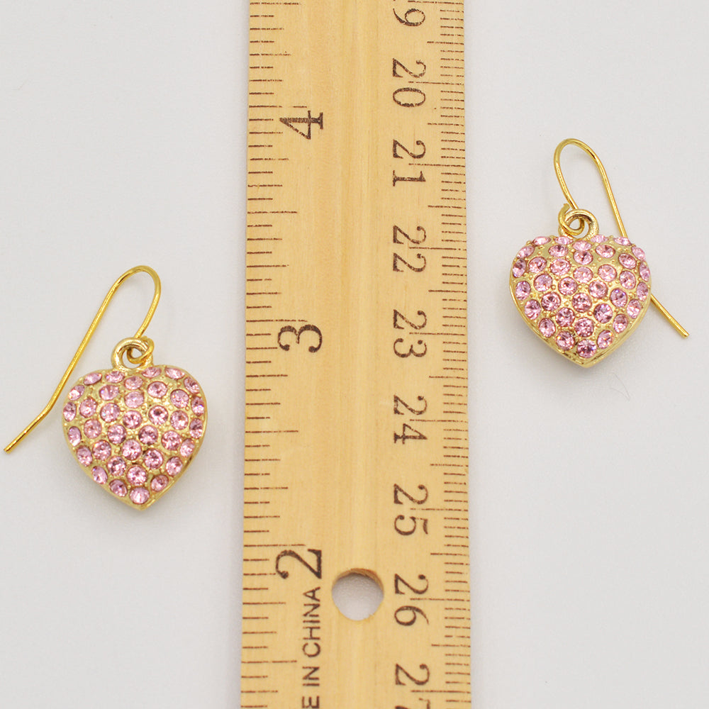 Pink Crystal Pave' Heart Earrings - Gold Plated