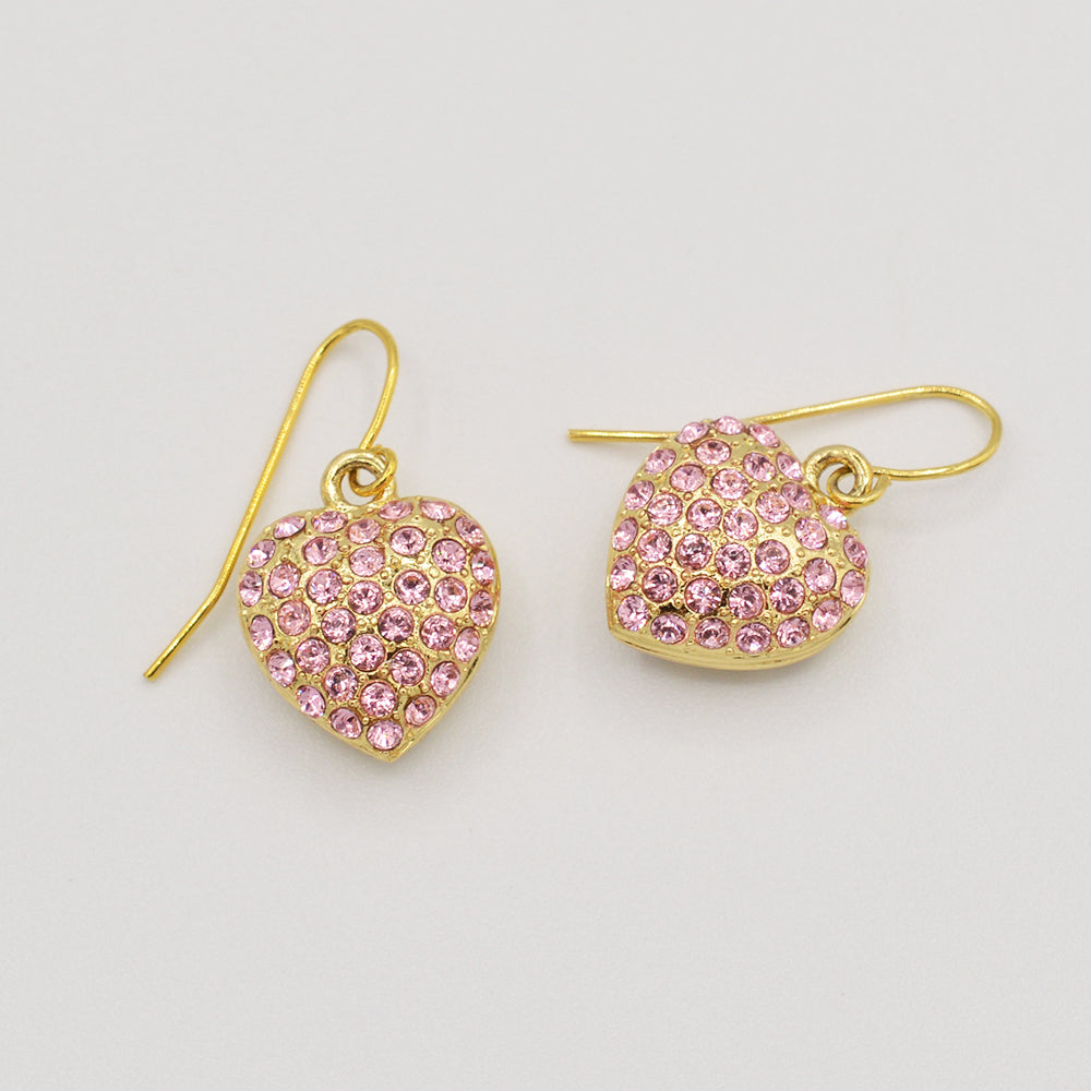 Pink Crystal Pave' Heart Earrings - Gold Plated