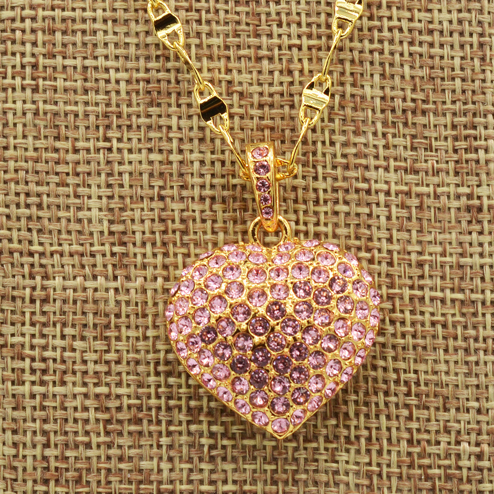 Pink Pave' Crystal Puffed Heart Pendant - Gold Plated