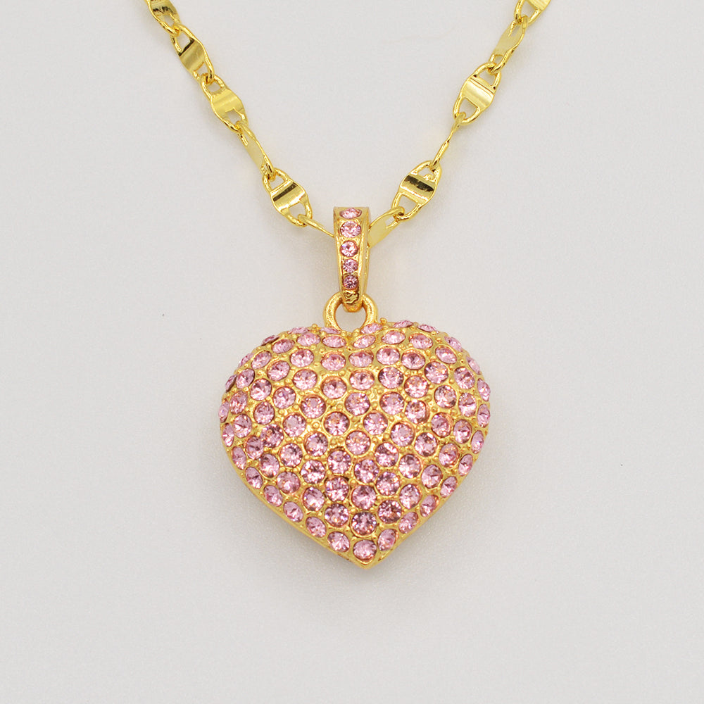 Pink Pave' Crystal Puffed Heart Pendant - Gold Plated