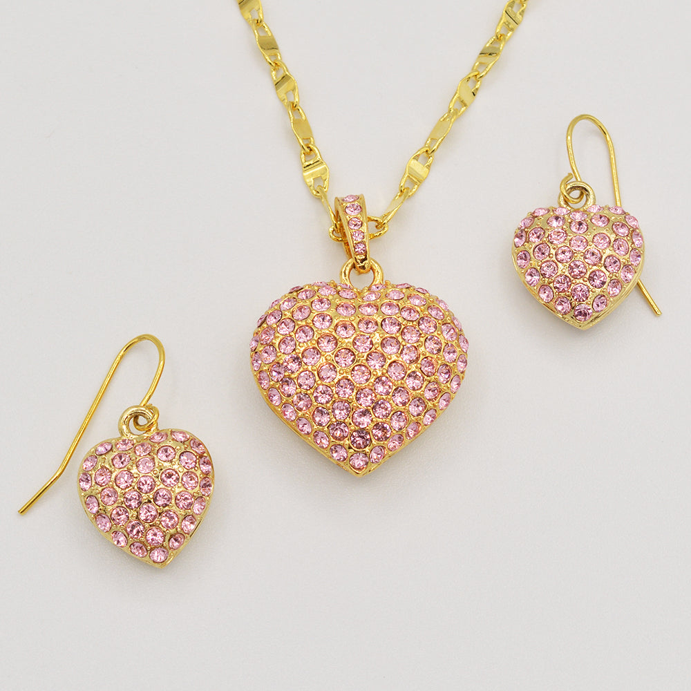 Pink Pave' Crystal Puffed Heart Pendant - Gold Plated