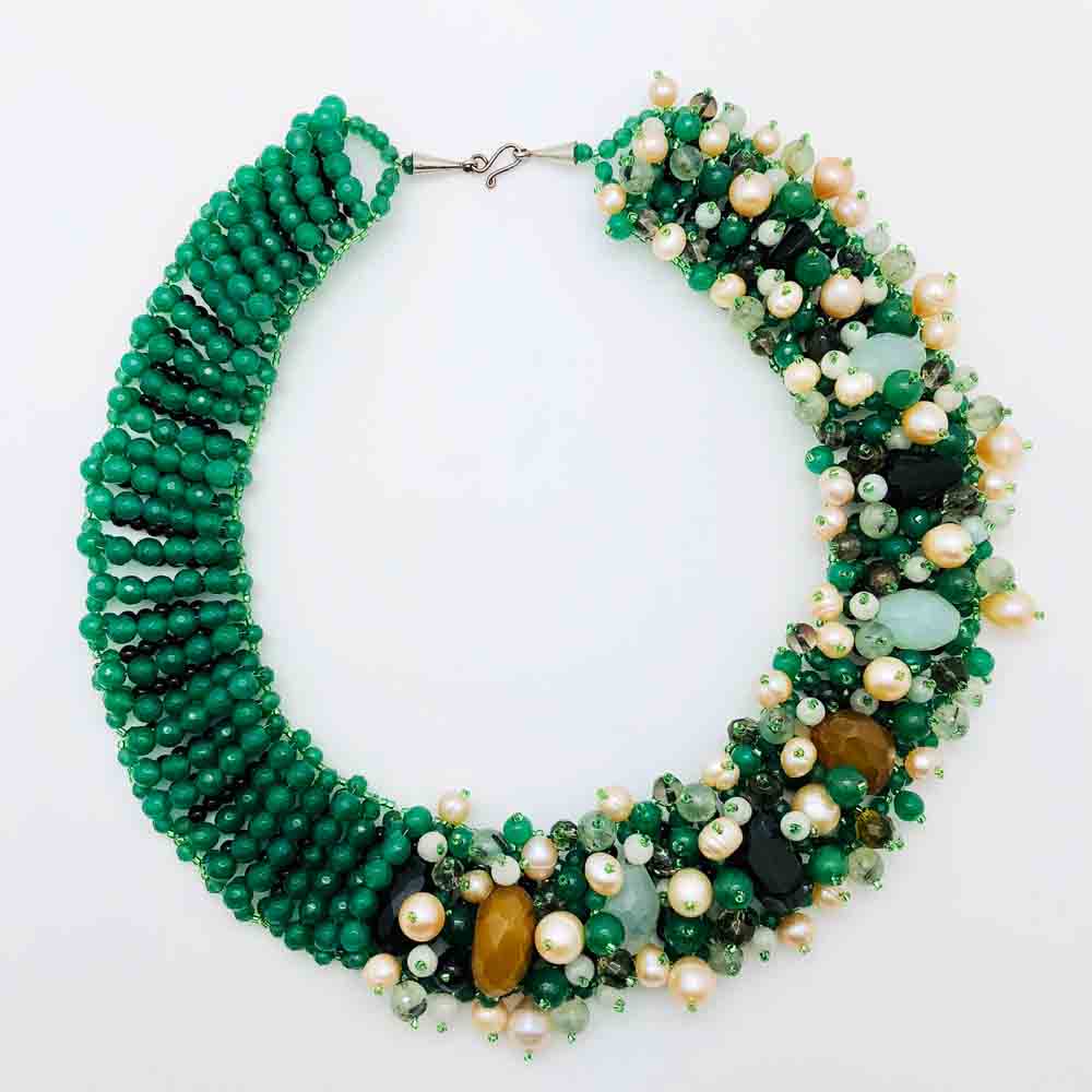 Green Agate, Fresh Water Pearl and Blue Topaz Statement Necklace. 18". One of a kind