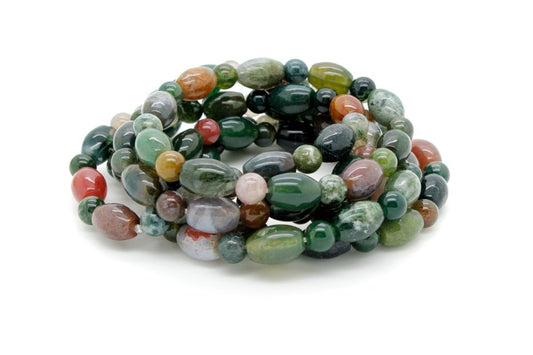 Indian Agate Round & Sphere Barrel Natural Gemstone Stretch Bracelet
