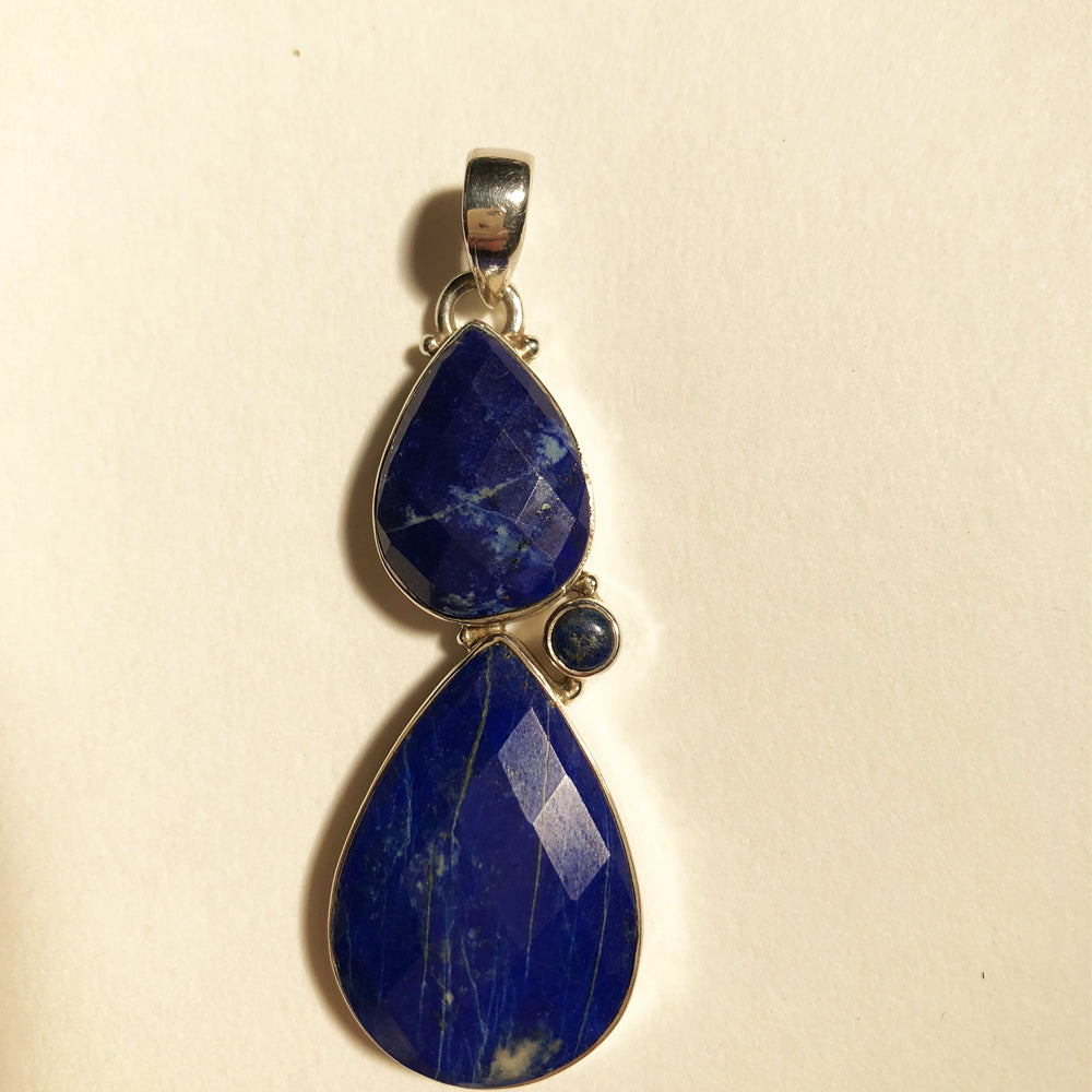 Faceted Double Teardrop Lapis Lazuli Silver Pendant one of a kind