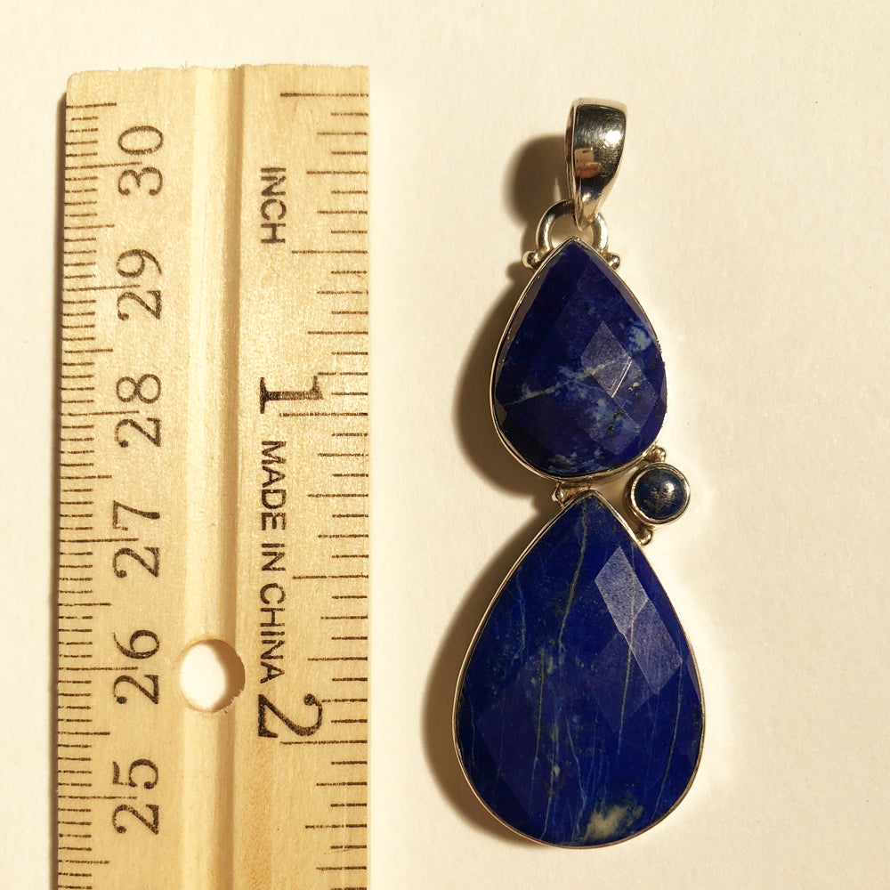 Faceted Double Teardrop Lapis Lazuli Silver Pendant one of a kind