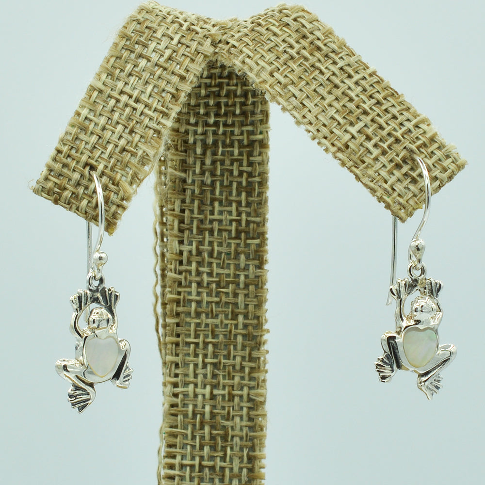 Sterling Silver Small Frog Earrings, Mother of Pearl, Coral or Abalone