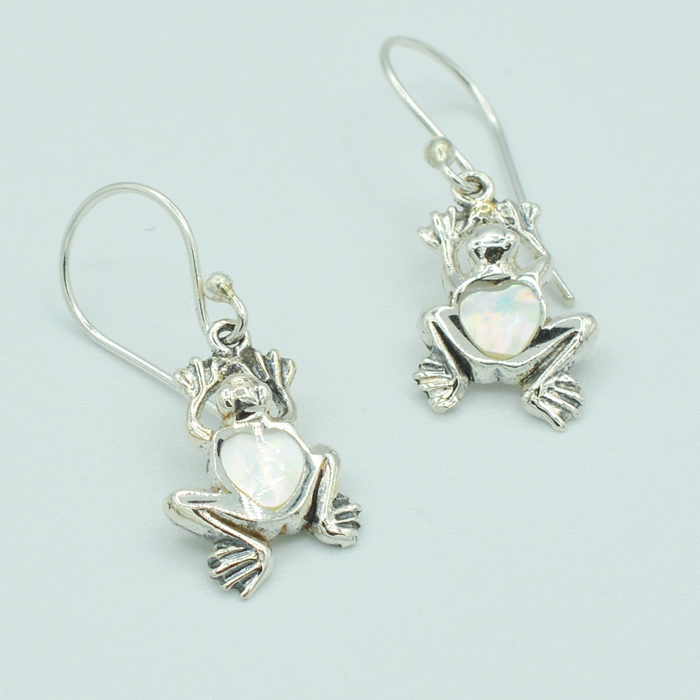 Sterling Silver Small Frog Earrings, Mother of Pearl, Coral or Abalone