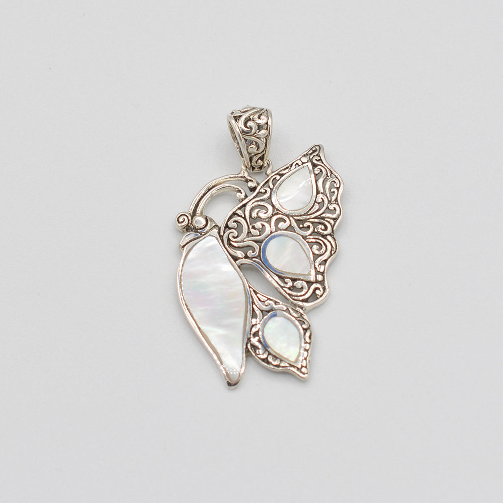 Sterling Silver Abalone or Mother of Pearl or Red Coral Butterfly Pendant