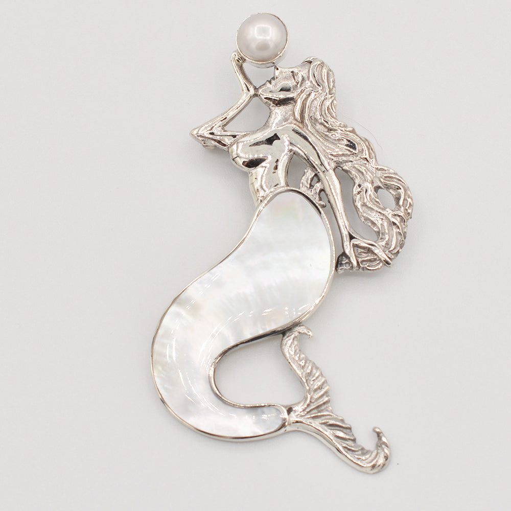 Mermaid Pendant/Brooch-Sterling Silver with Abalone, Mother of Pearl or Red Coral