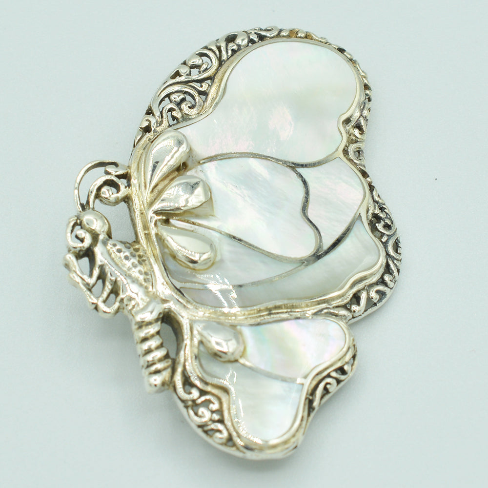 Large Butterfly Sterling Silver Pendant which can also be worn as a Brooch or a Pin - Available in Inlaid Mother-of-Pearl or Inlaid Abalone