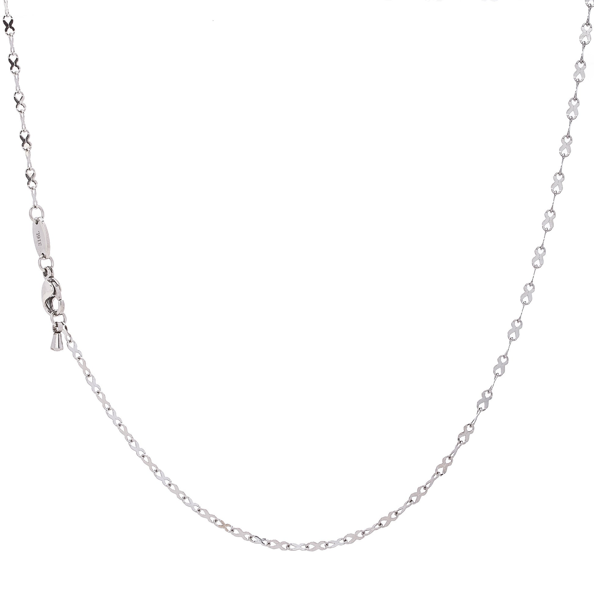 2MM Stainless Steel Infinity Ribbon Chain 16 - 36". Does not tarnish, shiny. 16", 18", 20", 22", 24", 30", 36". The links look like ribbons or an infinity symbol.