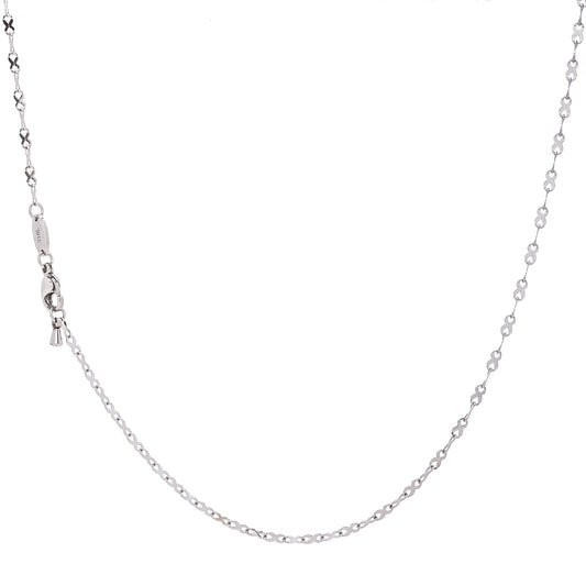 2MM Stainless Steel Infinity Ribbon Chain 16 - 36". Does not tarnish, shiny. 16", 18", 20", 22", 24", 30", 36". The links look like ribbons or an infinity symbol.