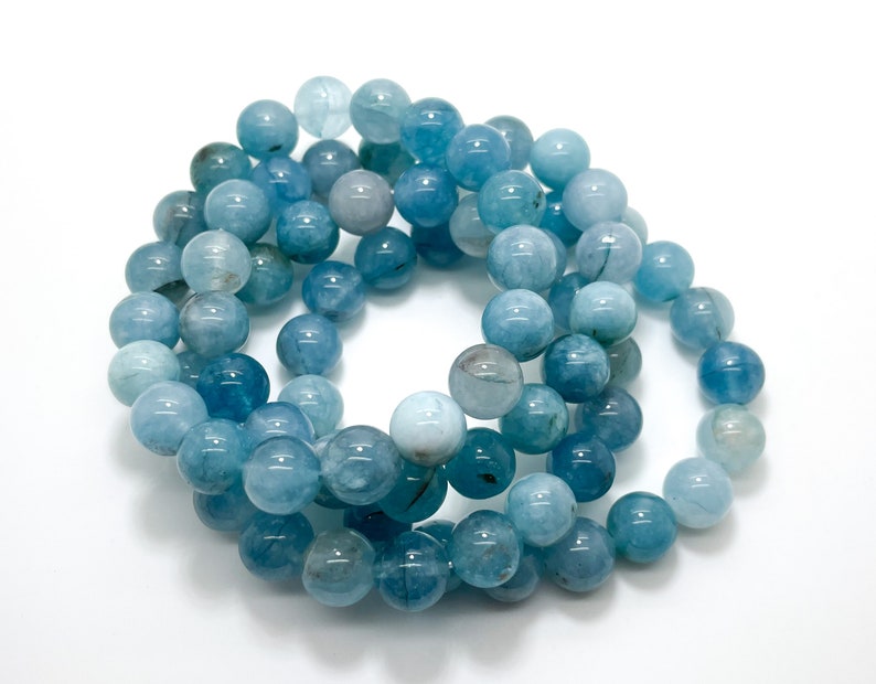 Natural Aquamarine Smooth Round Gemstone Stretch Bracelet
