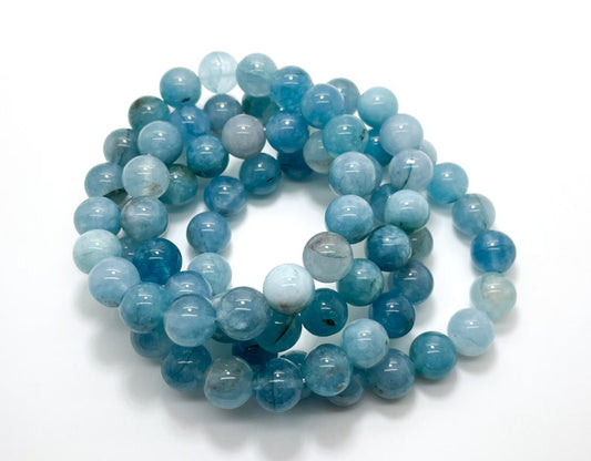 Natural Aquamarine Smooth Round Gemstone Stretch Bracelet