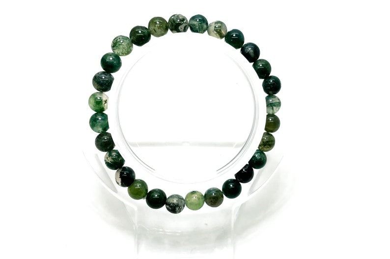 Natural Green Moss Agate Smooth Round Gemstone Stretch Elastic Bracelet