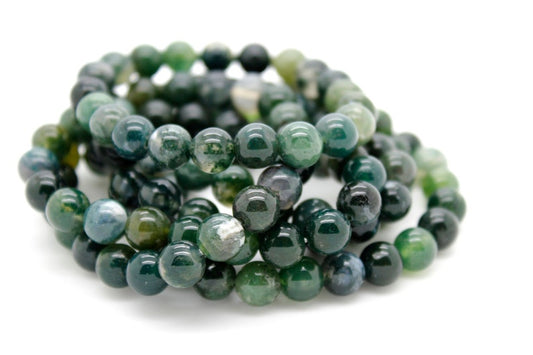 Natural Green Moss Agate Smooth Round Gemstone Stretch Elastic Bracelet