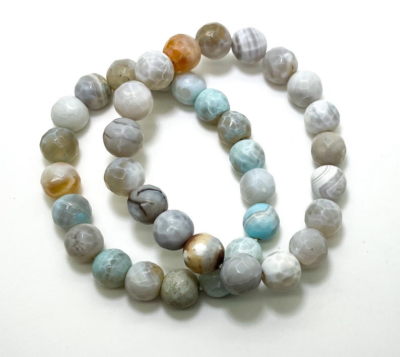 Natural White Blue Brown Agate Faceted Round Gemstone Stretch Bracelet