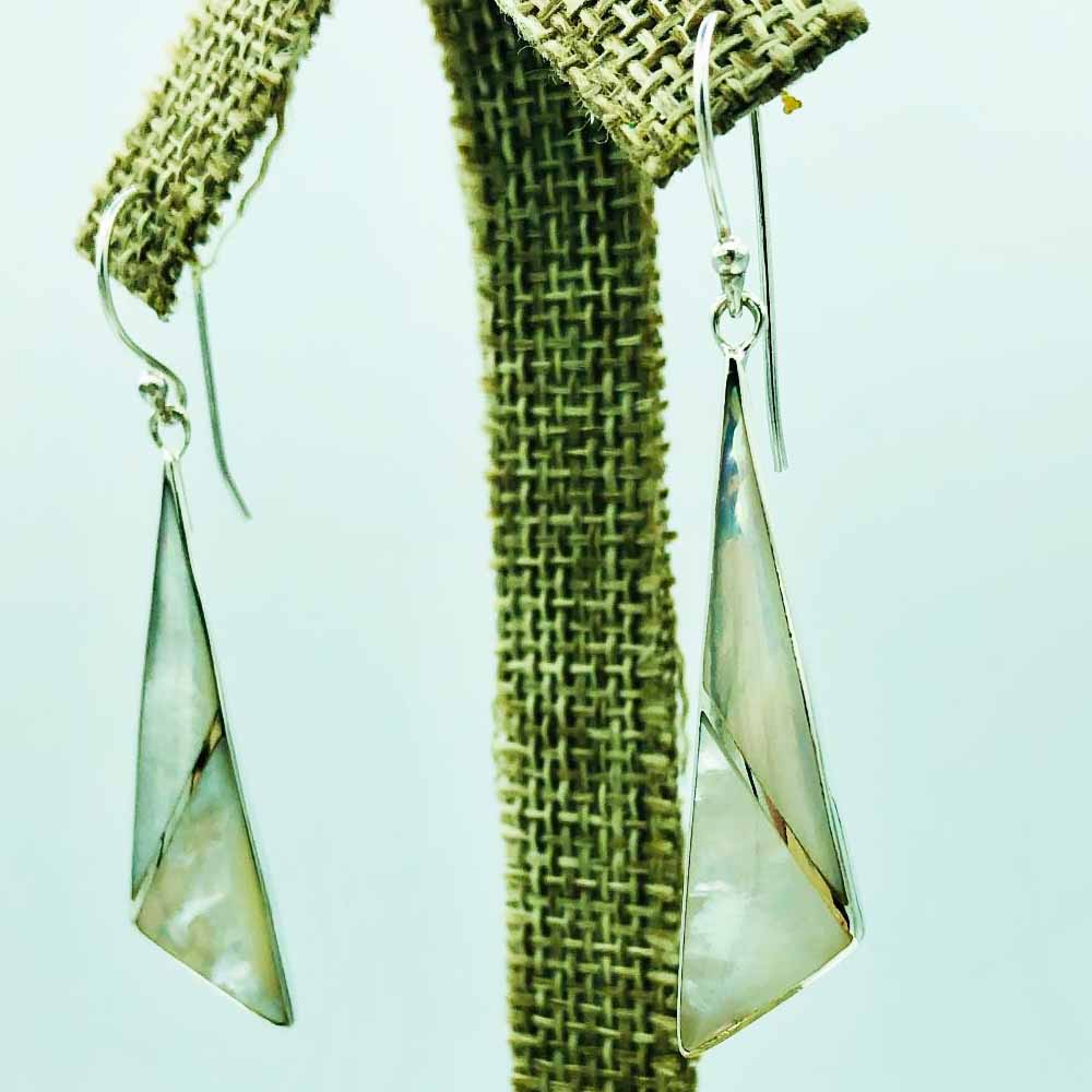 Mother of pearl or Abalone sterling silver pierced drop earrings.. They have a unique geometric design.