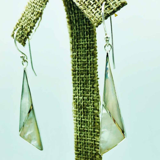 Mother of pearl or Abalone sterling silver pierced drop earrings.. They have a unique geometric design.