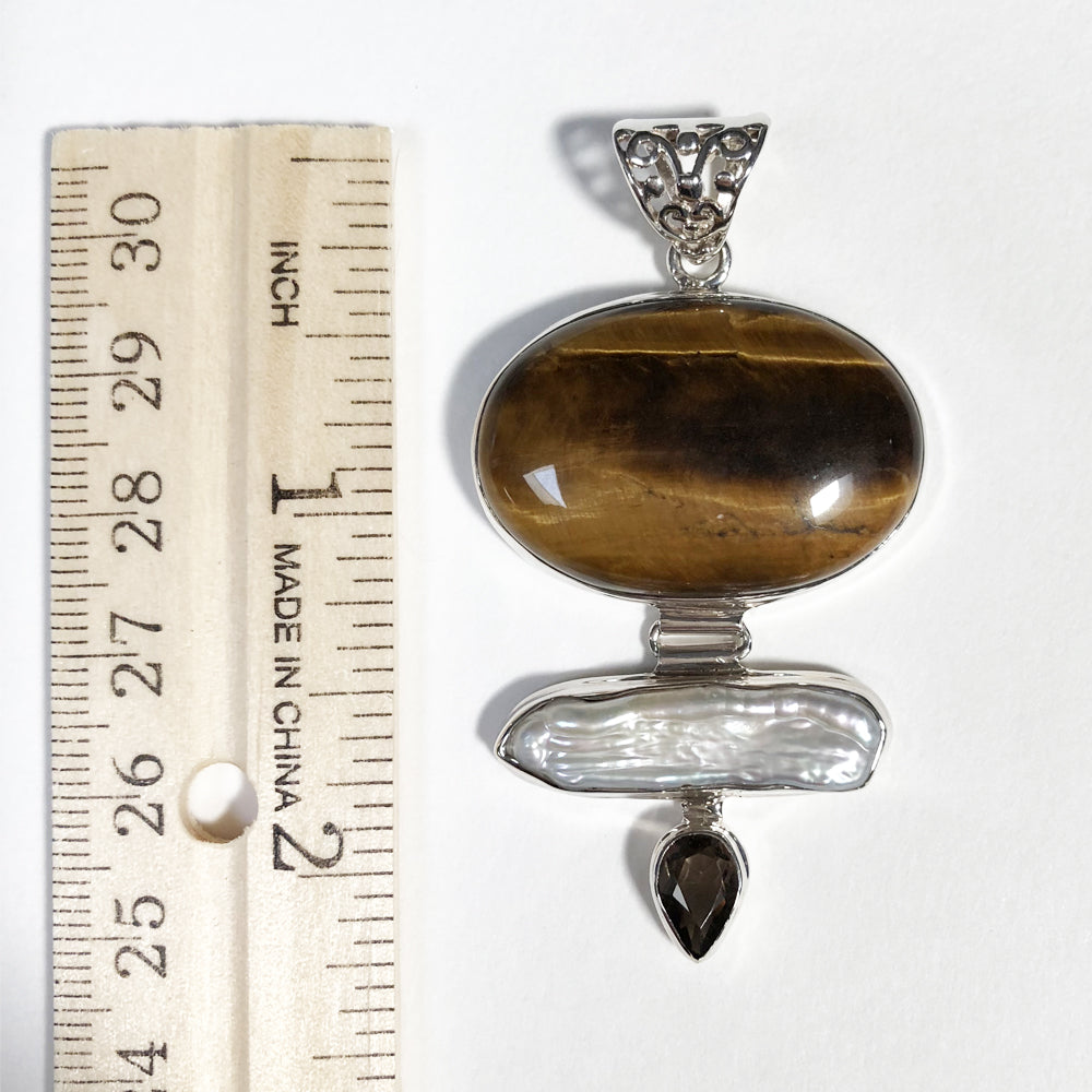 Tiger-eye, Bewa Pearl and Smokey Quartz Pendant - one of a kind