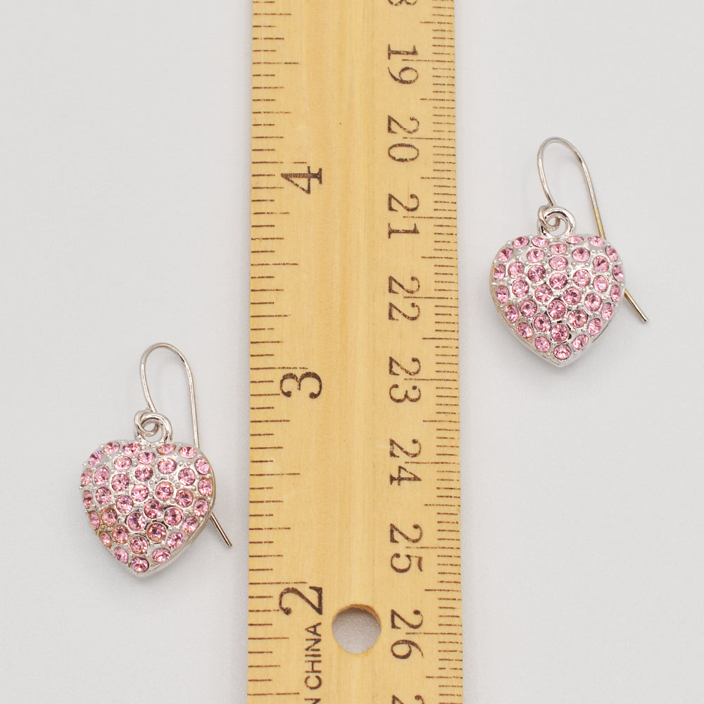 Pink Crystal Pave' Heart Earrings - Rhodium Plated