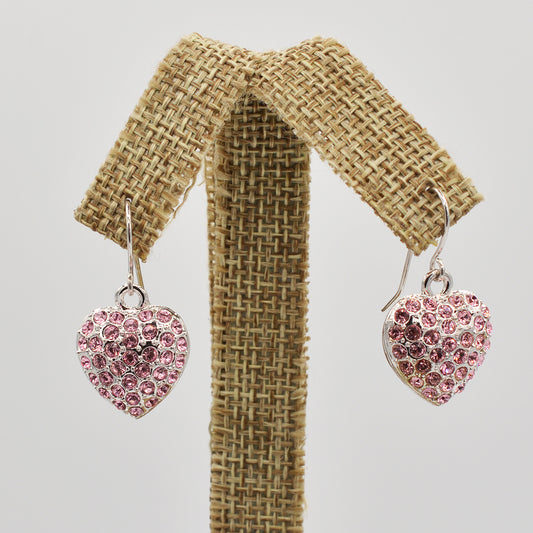 Pink Crystal Pave' Heart Earrings - Rhodium Plated