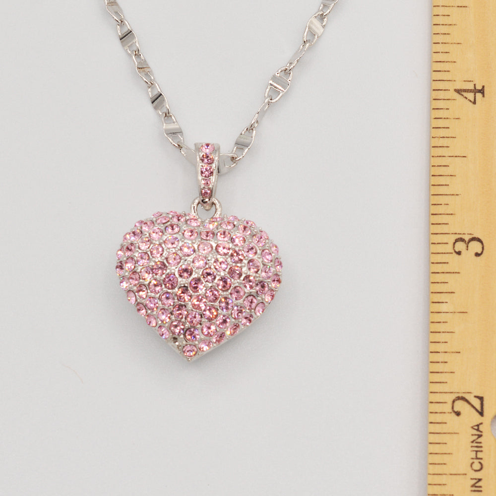 Pink Crystal Pave' Puffed Heart Pendant -  Rhodium Plated