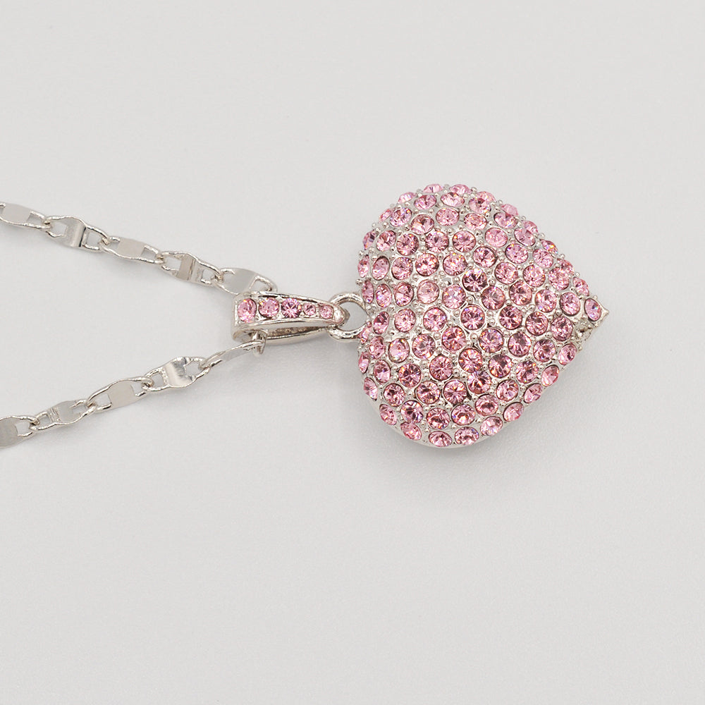 Pink Crystal Pave' Puffed Heart Pendant -  Rhodium Plated