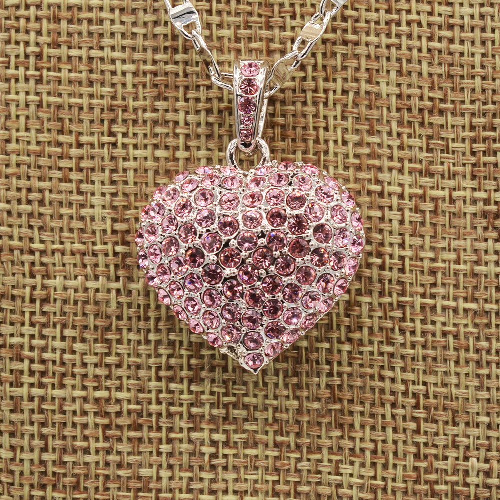 Pink Crystal Pave' Puffed Heart Pendant -  Rhodium Plated