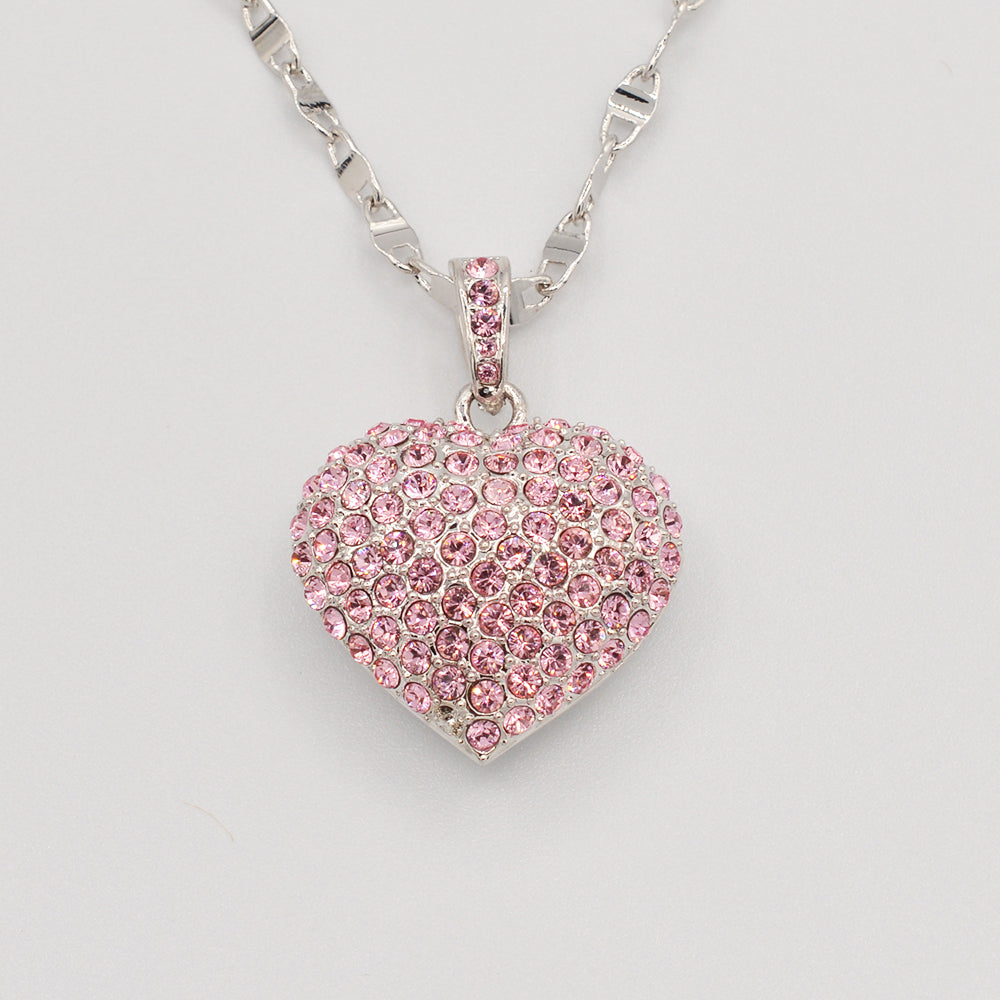 Pink Crystal Pave' Puffed Heart Pendant -  Rhodium Plated